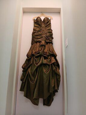 STUNNING Vintage Y2K Olive Green Fairycore Strapless Bustle Skirt Gown Sz XL